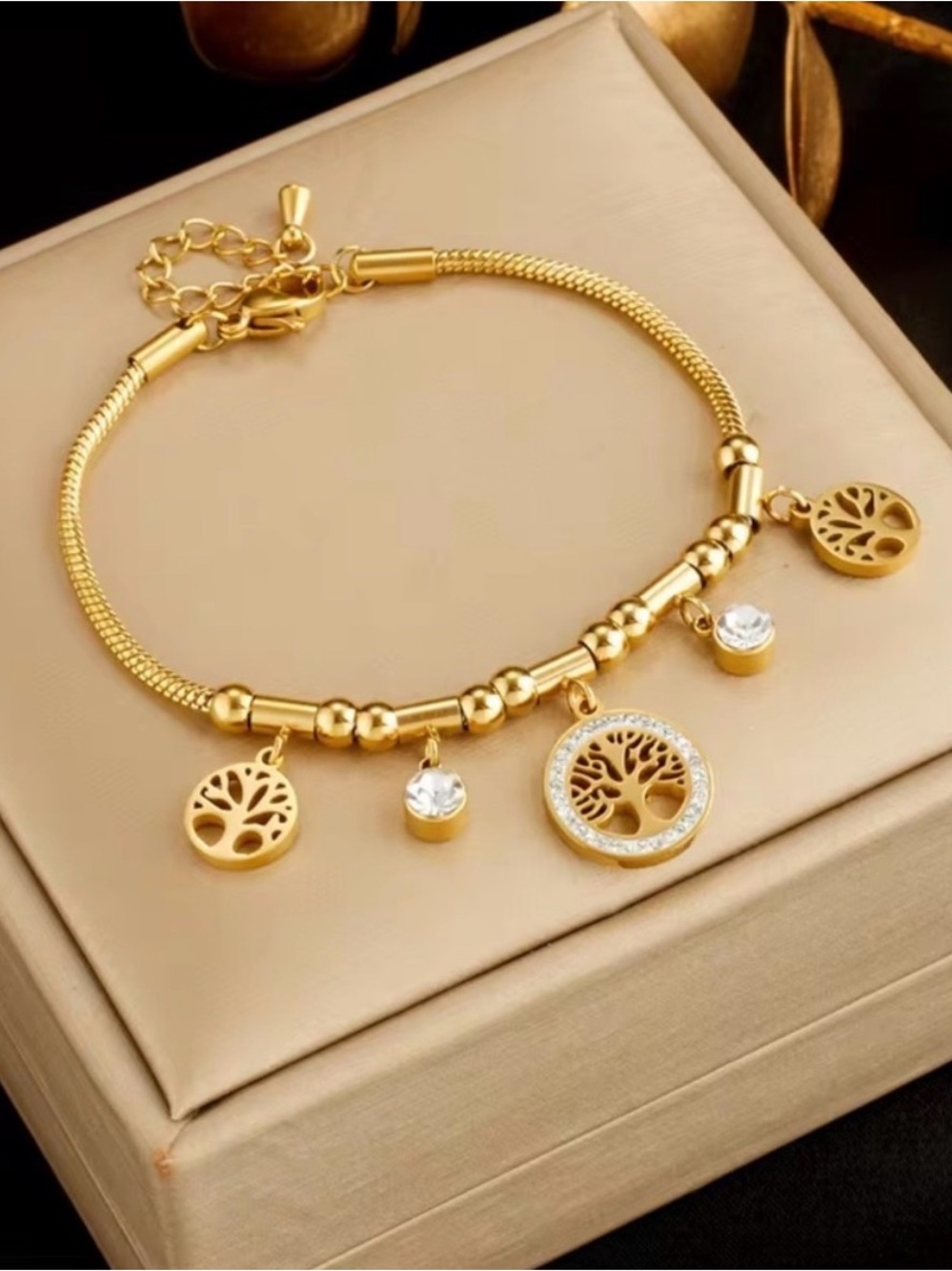 Gold tone Stainless Steel Tree of Life Charm Bracelet - Picture 4 of 7